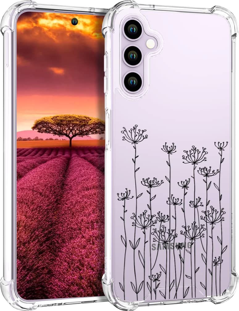 Topgraph Compatible with Samsung Galaxy S23 Case Cute Clear for Women Girls, Transparent Phone Cover Design (Black Simple Dandelion Floral)