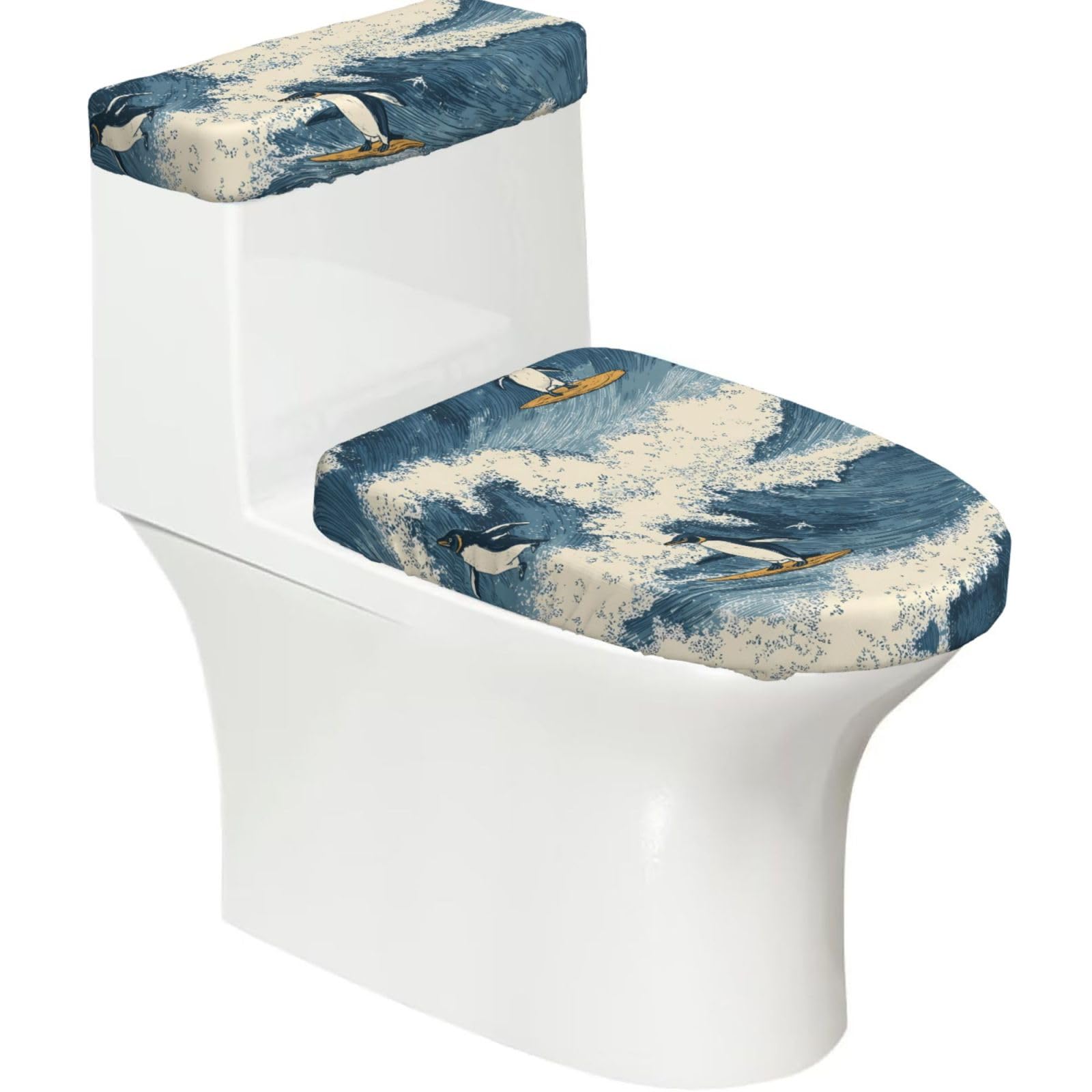Wzycwb Black Surf 2-Piece Toilet Seat Cover Set With Tank Lid, Elastic Fit For U-Shape & Elongated Toilets, Bathroom Decor, Housewarming Gift