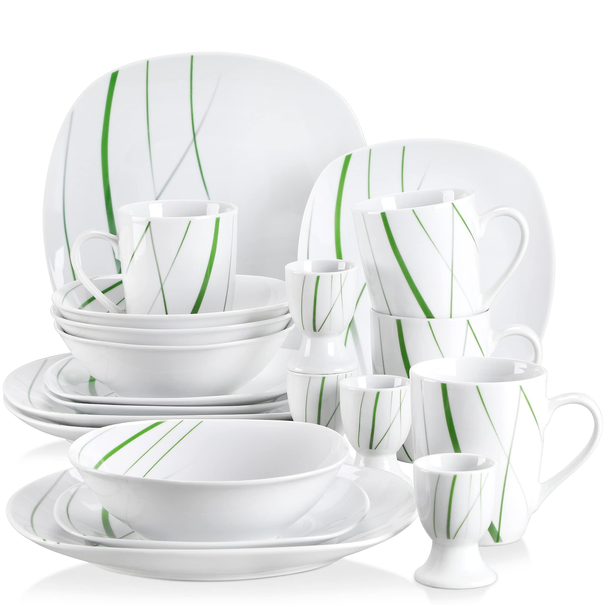 20-częściowy porcelanowy zestaw zastawy stołowej – ceramiczna zastawa stołowa z 4 kubkami na jajka, kubkami, talerzami deserowymi, miseczkami i talerzami obiadowymi, elegancki zestaw kuchenny do