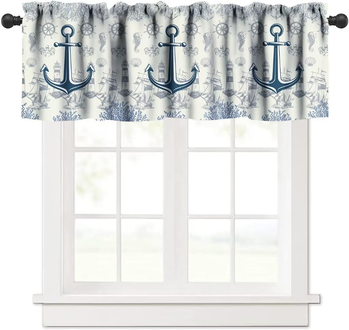 JanJCurt Nautical Anchor Window Valance, Vintage Sailboat Ocean Coastal Lighthouse Navy Blue Coral Shell Seahorse Print Blackout Valance Curtain for