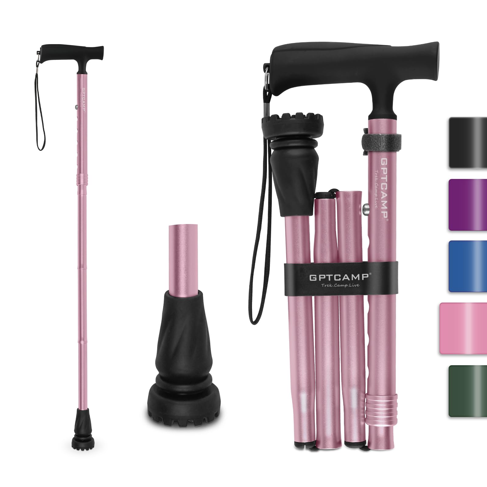 GPTCAMP G2 Walking Stick, Fold-up Walking Cane for Women and Men with Wrist Strap, Portable, Foldable, Collapsible, Lightweight and Sturdy with Comfortable T Handle