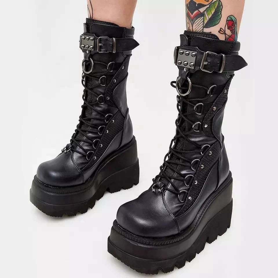 Women's Wedge-heeled Knight Boots European and American Style Large Size Punk Style Handsome Thick-soled Mid-calf Boots Women's Boots2
