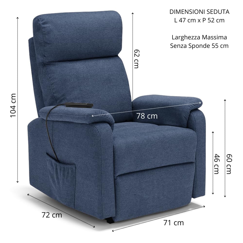 Poltrona relax elettrica Denver per anziani, 2 motori, 2 o 4 ruote, reclinazione e alzapersona, sponde estraibili, pediera estensibile, tessuto idrorepellente… (CON KIT ROLLER SYSTEM - 4 ruote, Blu)