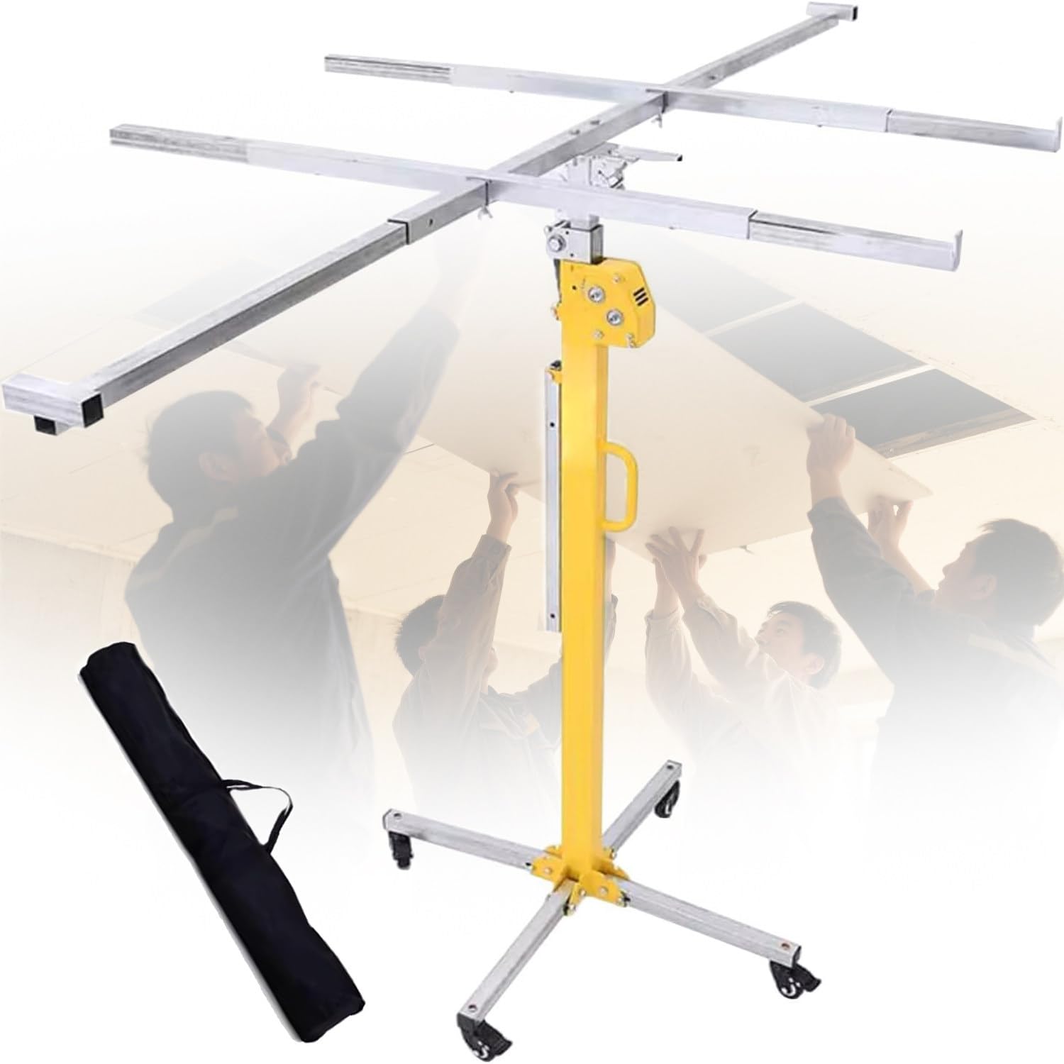 Elevador de placa de yeso con capacidad de 50 kg, características de nivelación de precisión, compatible con taladro eléctrico, incluye bolsa de almacenamiento, ideal para garaje, taller y renovación