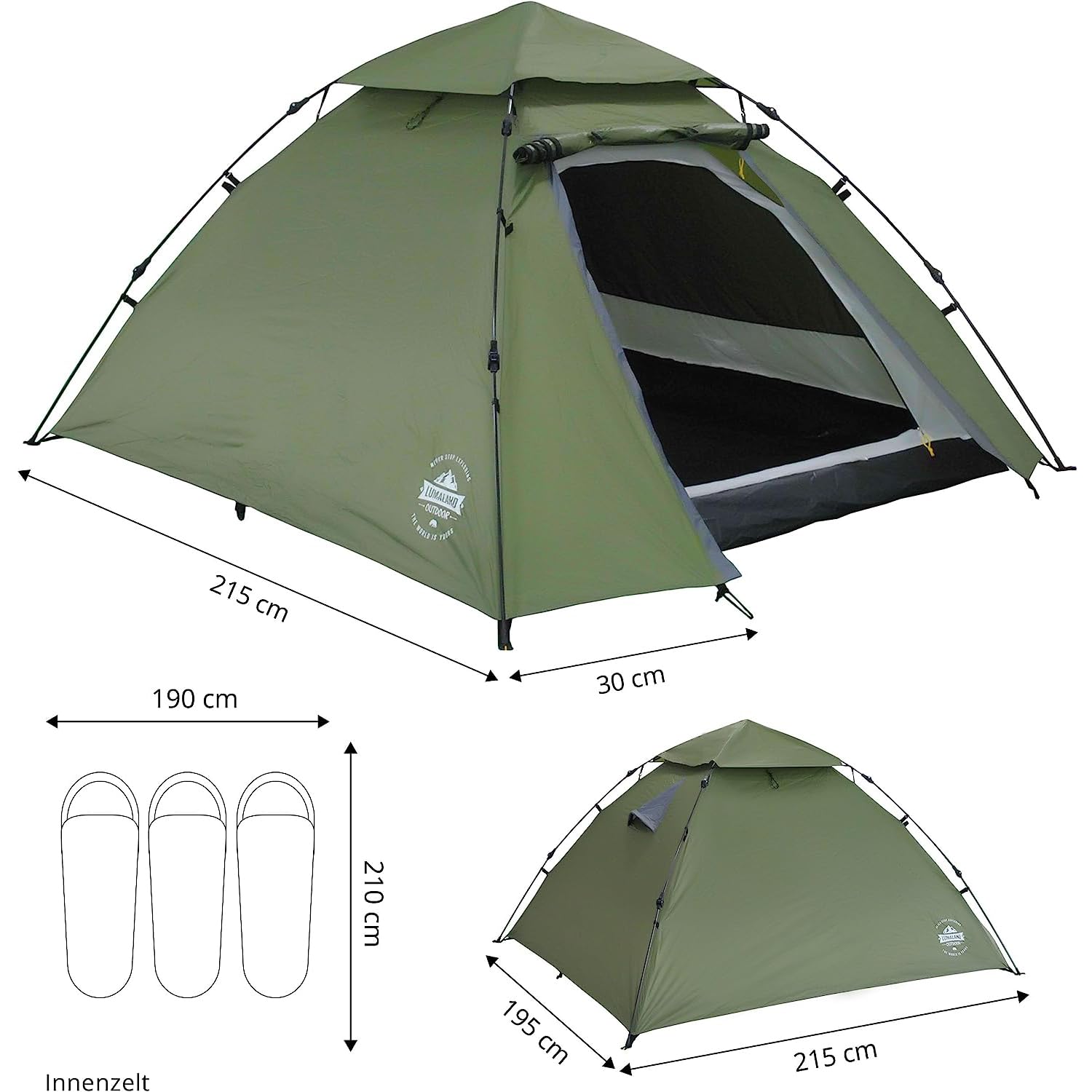 Lumaland Pop Up namiot dla 2-3 osób, 215 x 195 x 120 cm, na 4 pory roku, namiot igloo na zewnątrz, do trekkingu i festiwalu, lekki, wodoodporny i wytrzymały, prosta konstrukcja
