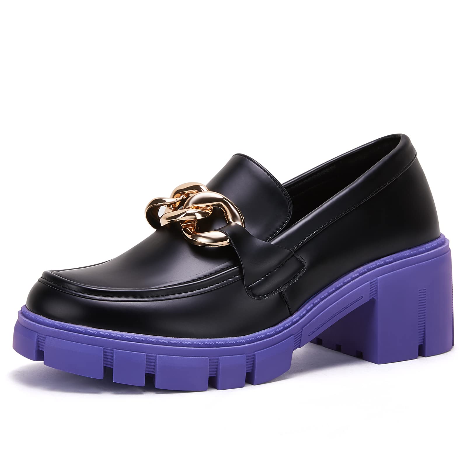 TINSTREE Platform Loafers for Women with Chain Comfort Chunky Heel Slip On Round Toe Business Work Shoes