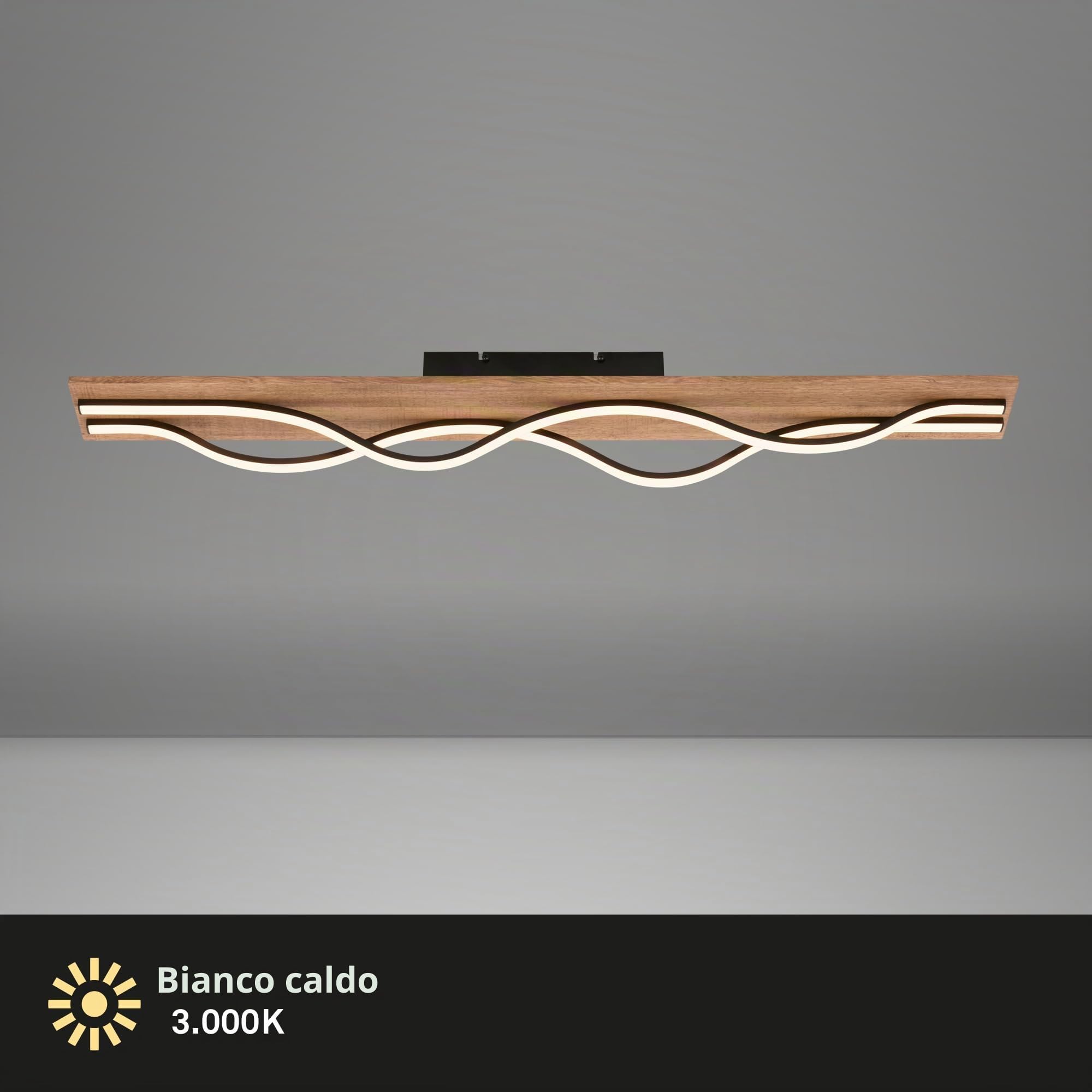 BRILONER - Lampada da soffitto LED vintage a forma di onda, luce bianca calda, base in legno, plafoniera LED, lampada, lampada da soggiorno, 98 cm, legno nero