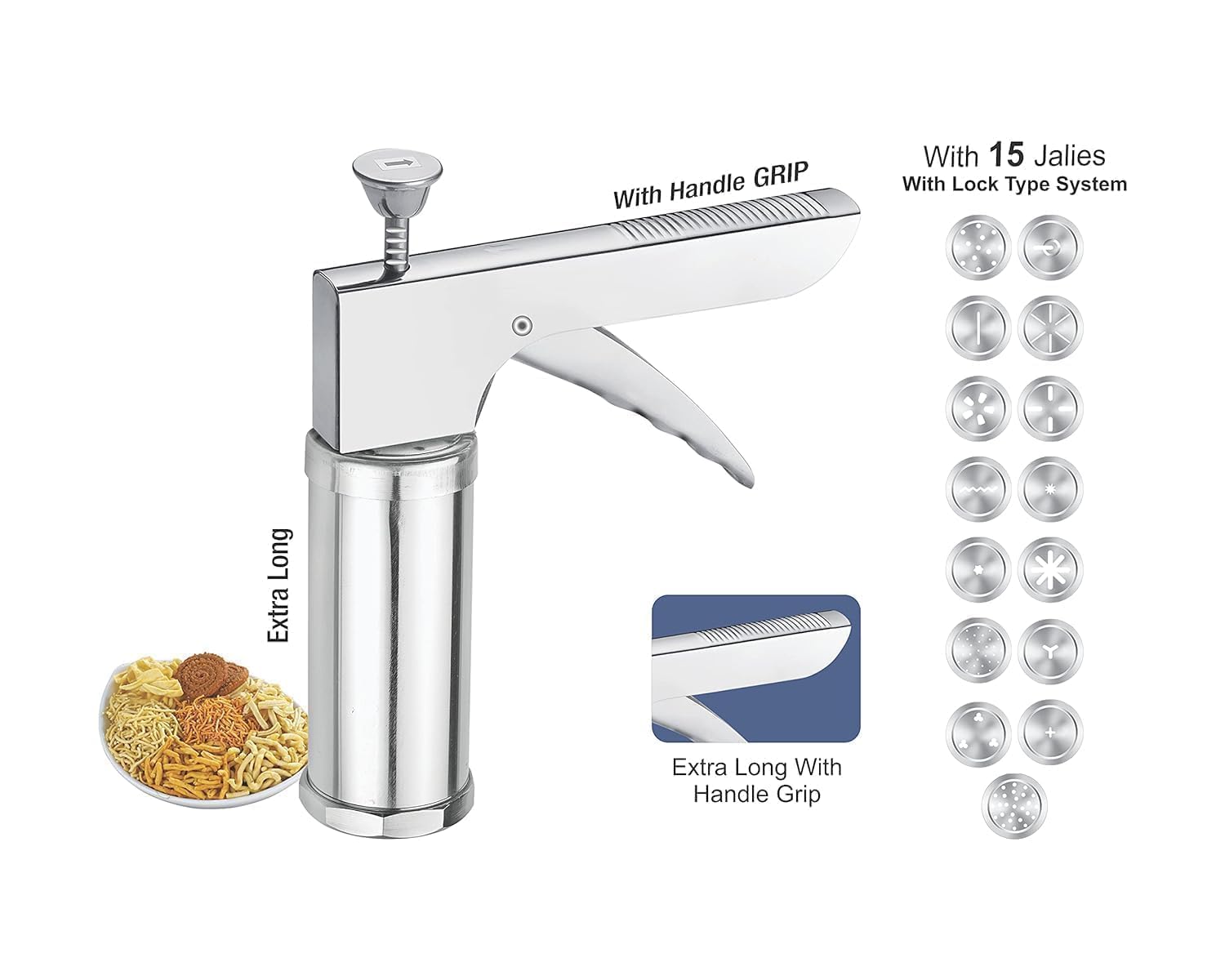 Black Olive Stainless Steel Kitchen Press with Grip 15 Different Types of Jalies – Sev Maker, Chakli Maker, idiyappam Maker,Murukku Maker, Noodles & Bhujia Maker – Manual Farsan & Snack Making Tool 2