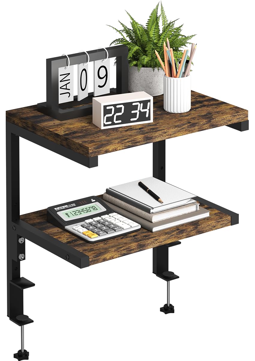 Mondazie Clamp on Desk Organizer Shelf, Heavy-Duty Desk Extender Side Table with 2-Tier Adjustable Storage Shelves for Desktop Accessories, Gaming