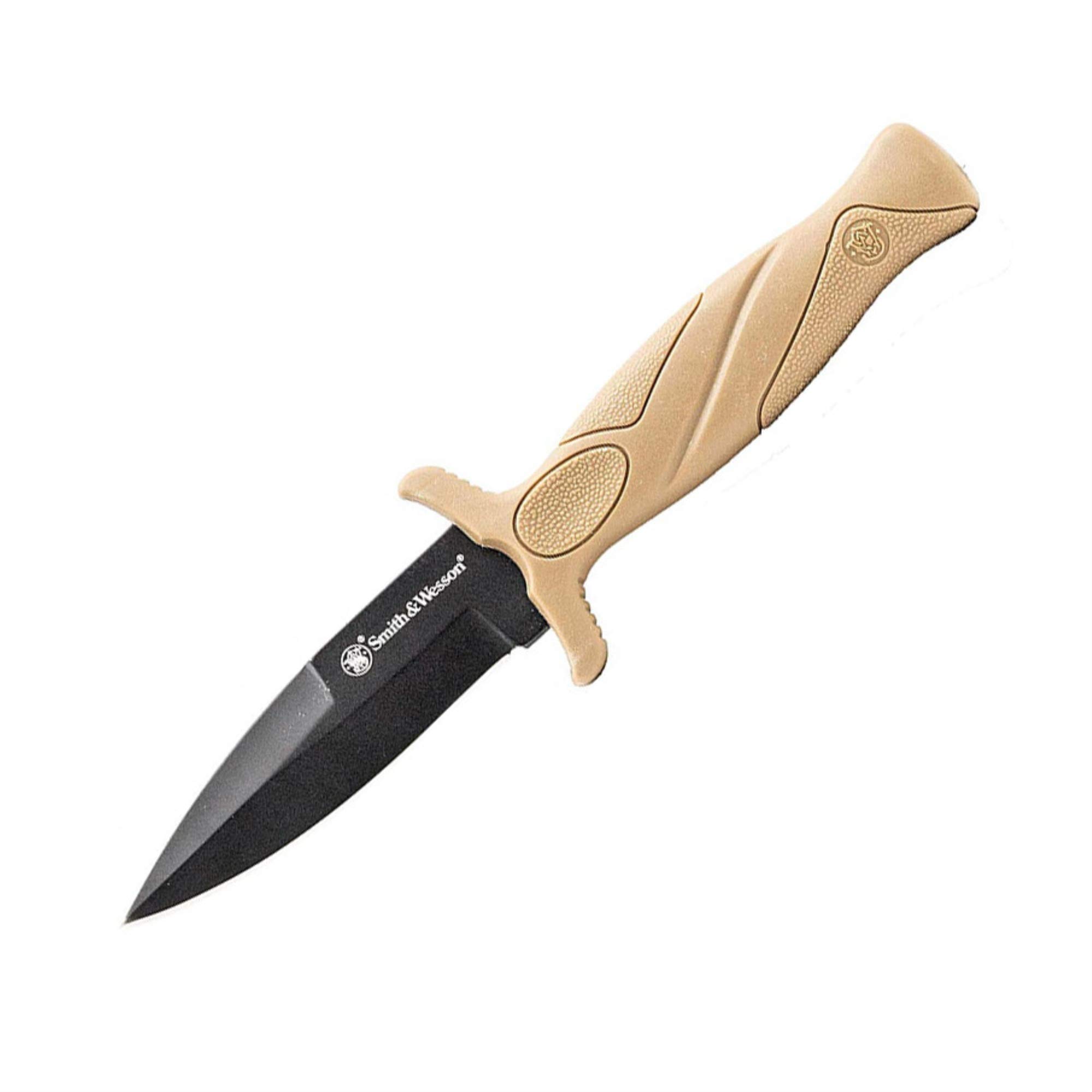Smith & Wesson FDE 6.25in High Carbon S.S. Boot Knife with 2.75in Single Edge Blade and Rubberized Handle for Outdoor Survival, Camping and EDC,Tan