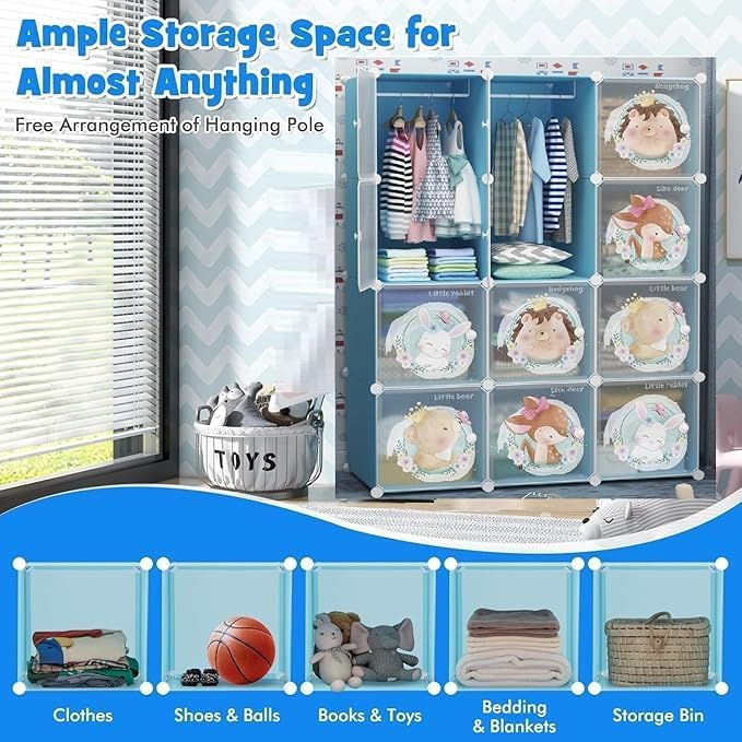 Image of Almirah for Clothes,Plastic Soft Sheet Collapsible Wardrobe for Clothes for Kids Clothes /Toy /Book, Baby Cupboard for Clothes Storage in Bedroom Nursery,Cartoon (Blue, 12-Shelf-12-Door) KTC3