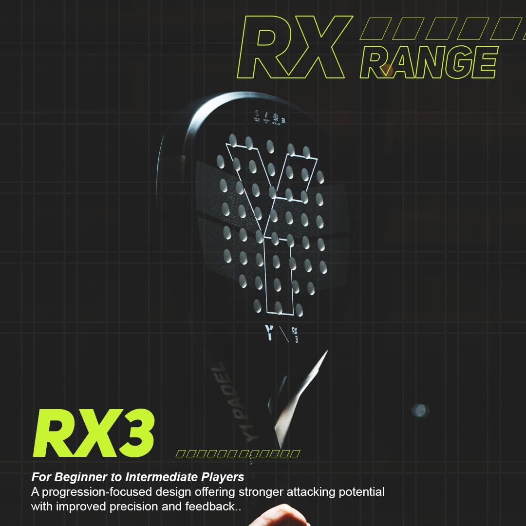 Y 1 racchetta da padel RX3 per giocatori principianti e intermedi - Bilanciamento medio alto a forma di goccia, faccia in twill di carbonio 3K, nucleo in EVA AirSpring (10-13), precisione di potenza