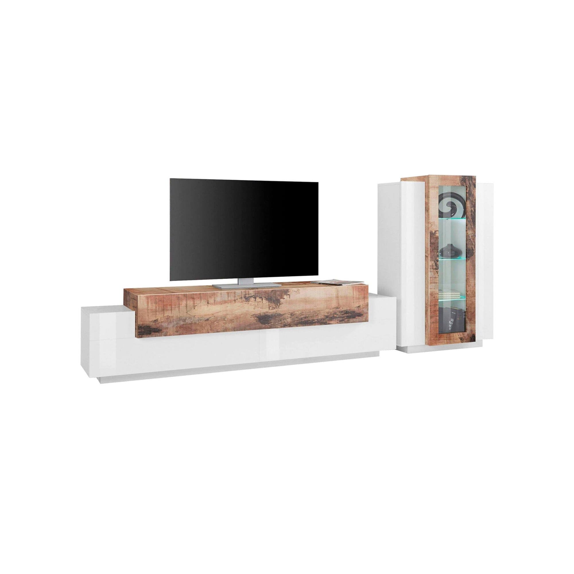 Dmora Parete Attrezzata Mirko 45x280x121h cm Bianco Lucido Modulabile 12 Ripiani, 14 Vani Made in Italy