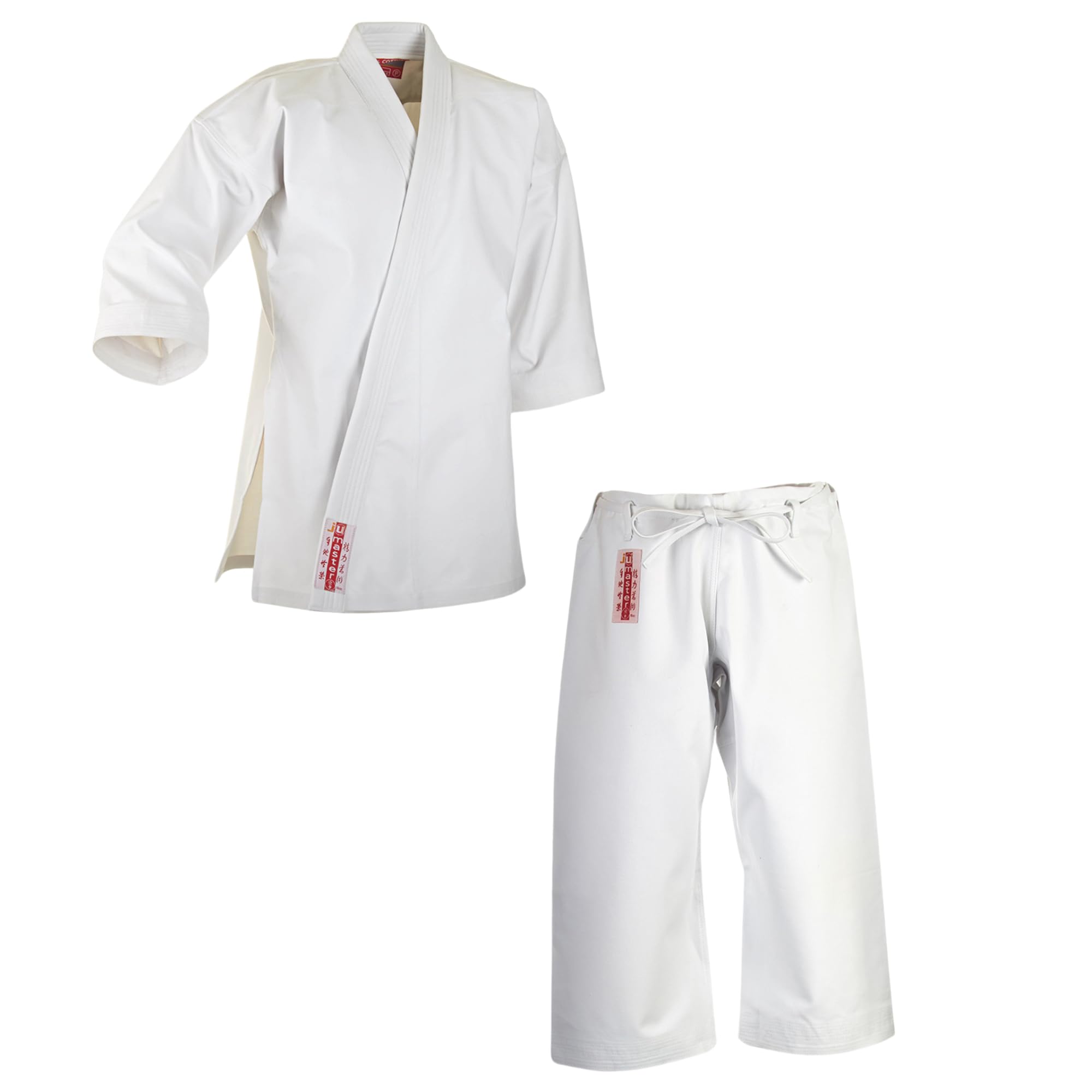 Ju-Sports Karate Anzug Master weiß 16 oz. I Schwerer Karateanzug im kurzem Kata-Schnitt I Kimono mit traditioneller Hosenschnürung I Ärmelenden absteppt für lauten Soundeffekt I 100% Baumwolle