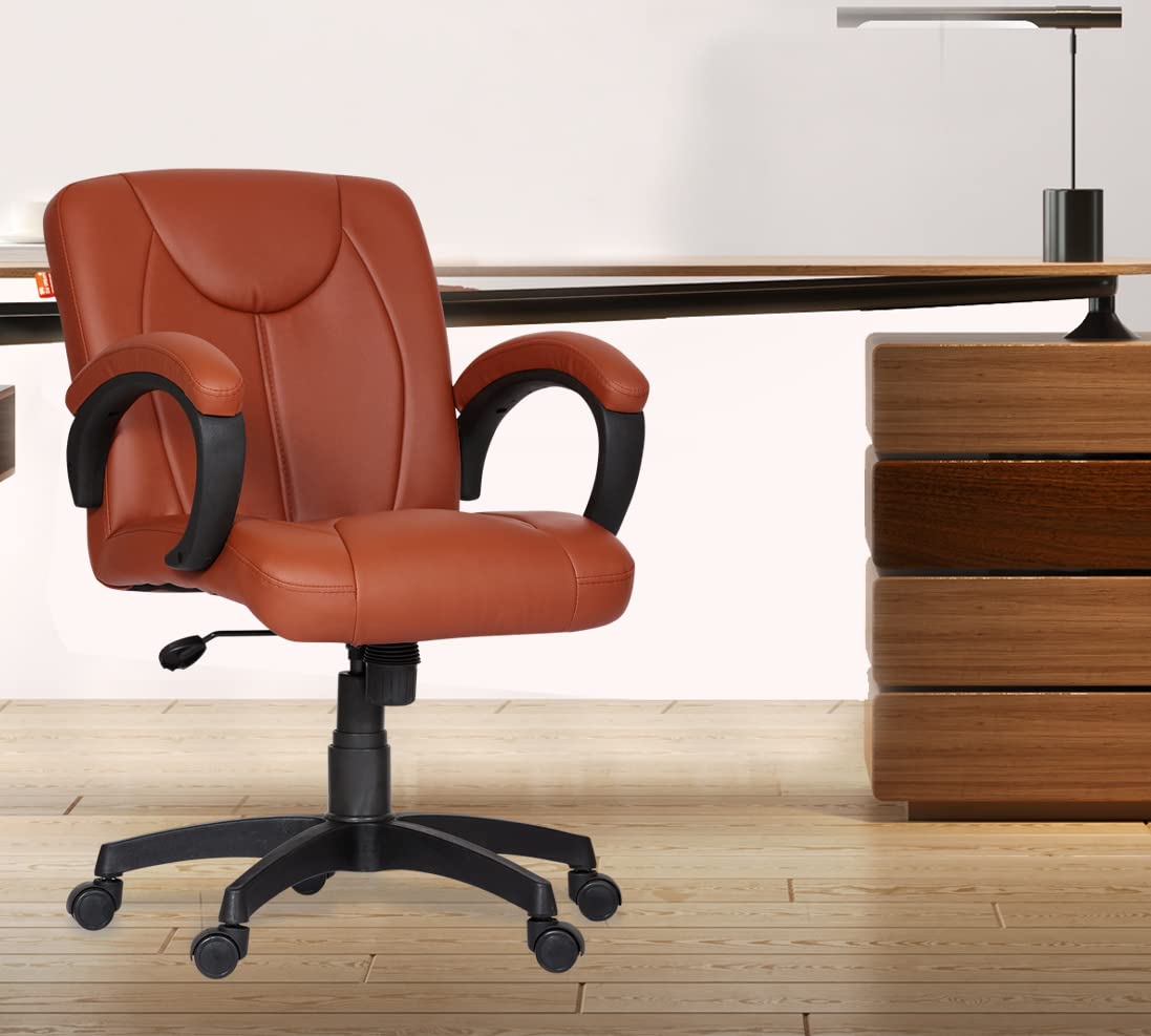 Da URBANDeaver Mid-Back Swivel Computer Office Chair with Armrests, Ergonomic Leatherette-Padded Desk Chair (Tan)