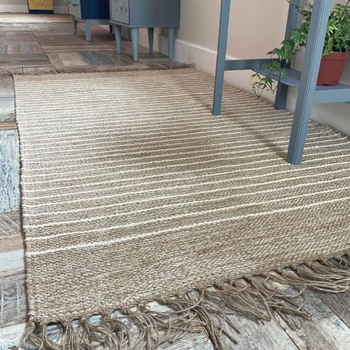 Second Nature Online   BEKAL Alfombra de área | Tejido a rayas beige arena y blanco roto de hilo de yute de algodón | Tejido a mano | Comercio ético | Ecológico (150 x 240 cm)