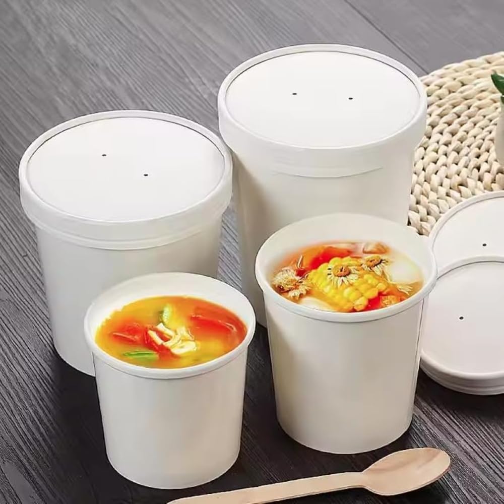 HOT BARGAINS Kraft Paper Soup Containers with Lids, Round Food Service Bowls for Hot and Cold Items, White, 32oz/900ml, Pack of 50