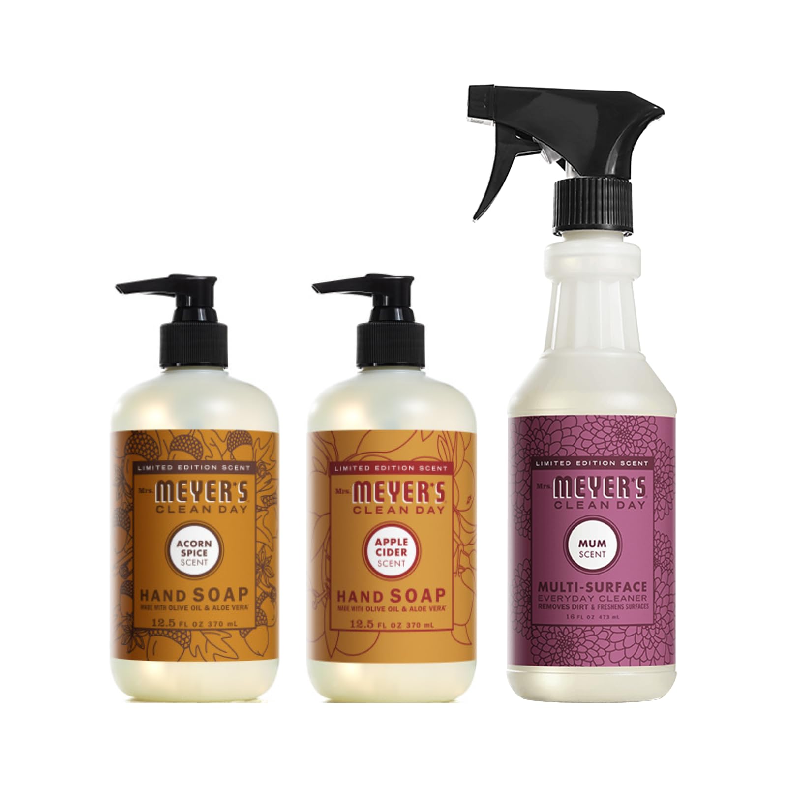 Mrs. MEYER'S CLEAN DAY Multi-Surface Cleaner, Hand Soap 3 Pack Variety, 16 OZ Each, 1 CT (Apple Cider + Acorn Spice + Mum)