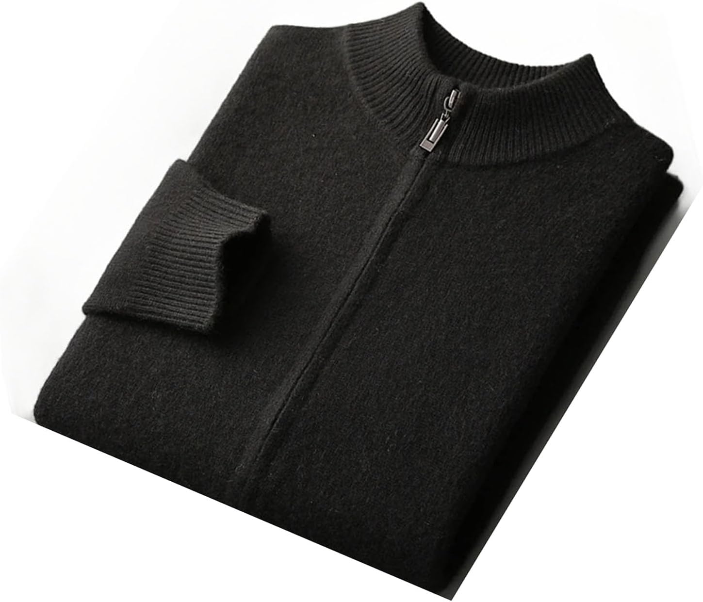 Men's Warm Wool Sweater Mock Collar Thickened Zippered Cardigan Cashmere Knitted Long Sleeve Tops