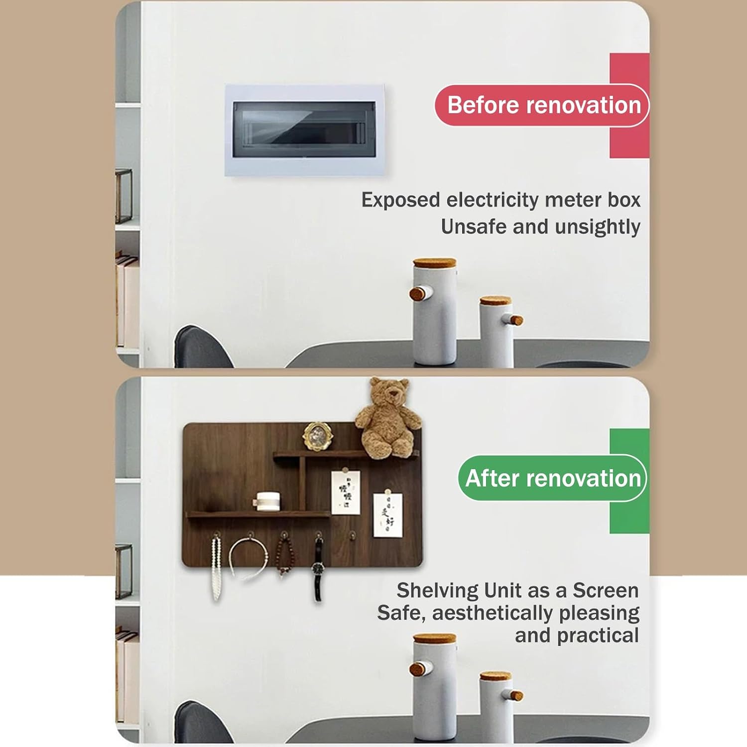 JKGHK Flip-top Breaker Box Cover with Shelf Decorative Fuse Box Covers | Wall Mounted Electrical Panel Cover, Hidden Circuit Breaker Panel With Hooks For Entrance(White A-R,15.7"x11.8"/40x30cm)