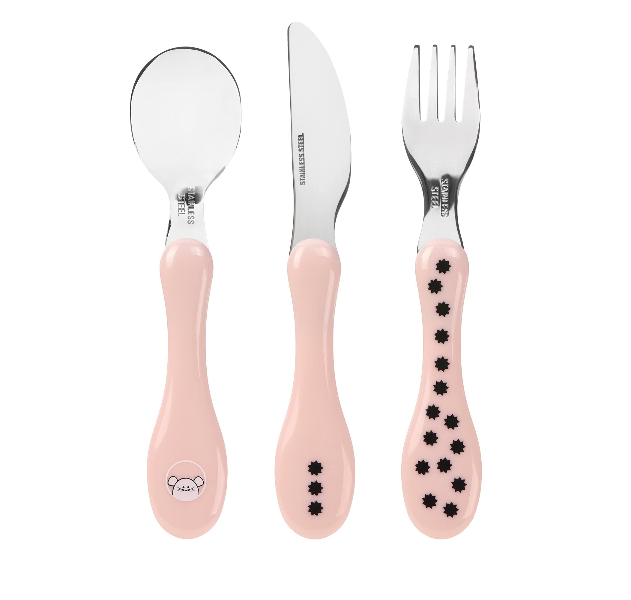 LÄSSIG Zestaw sztućców dla dzieci, 3-częściowy, łyżka, widelec, nóż, stal nierdzewna, uchwyt z tworzywa sztucznego, Cutlery Little Chums Mouse