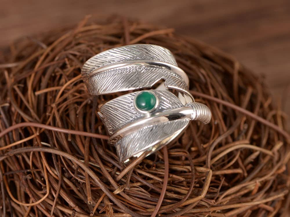 Frauen einstellbarer Ring, S925 Eingelegtes grüne Achatfedern Neuheit Open Finger Ring für Hochzeits Geburtstagsfeier Schmuck