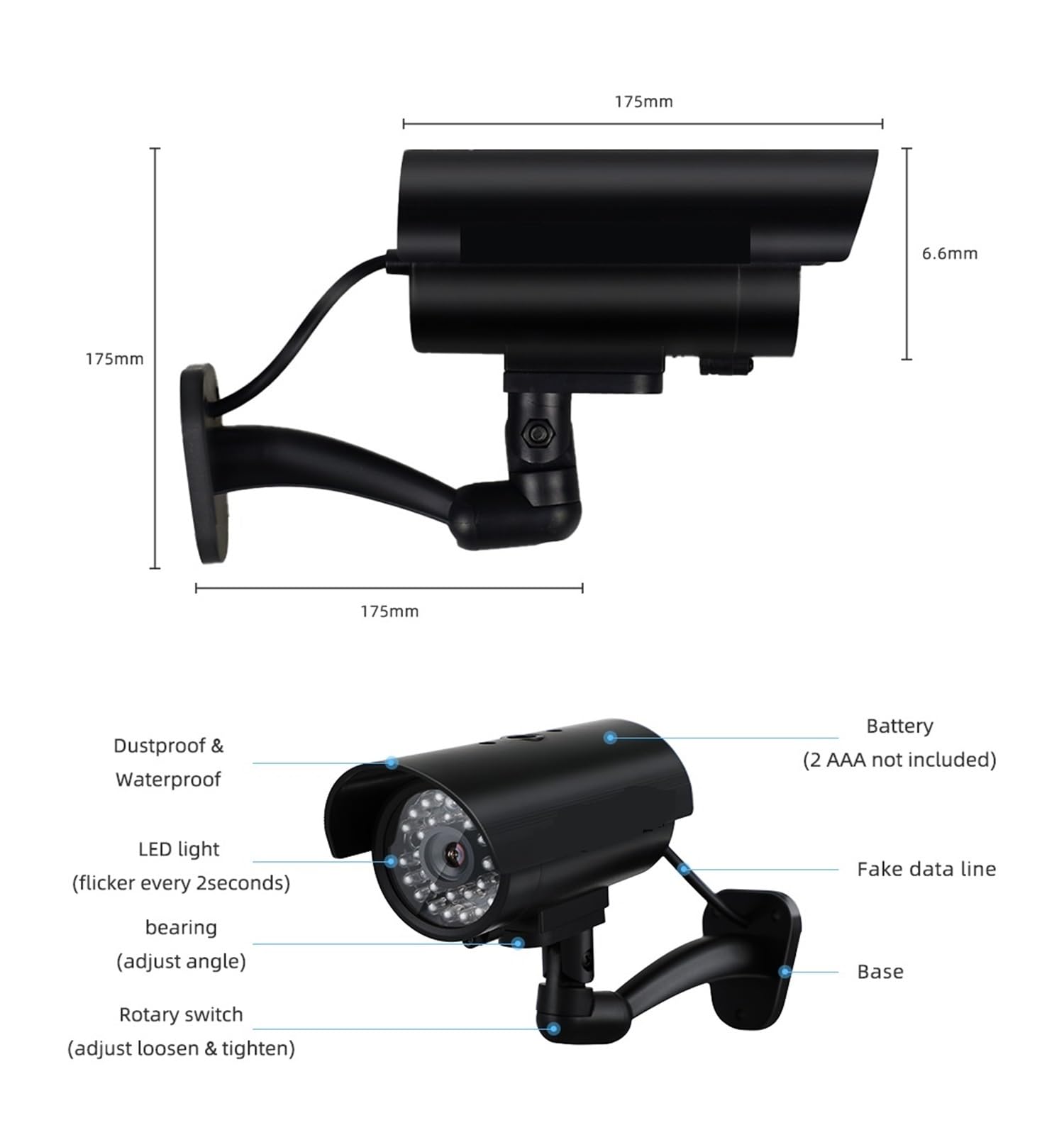 Caméra extérieure Fausse caméra extérieure Bullet LED Light Monitor Surveillance factice étanche Simulation de Protection de la sécurité à Domicile(1black)