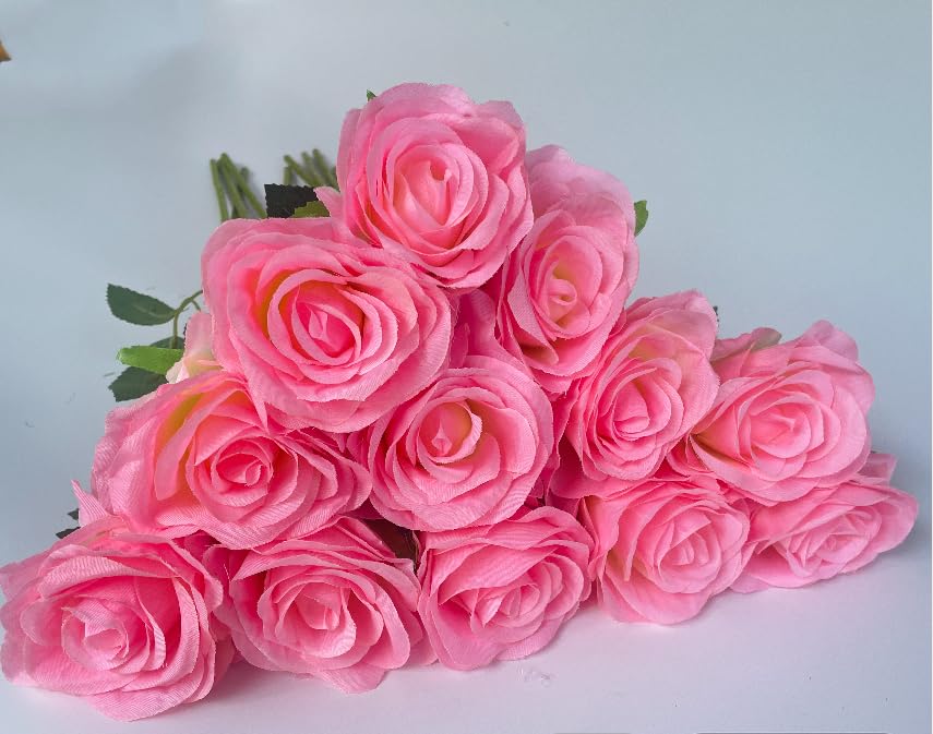 JUPOZOPFake Flowers Artificial Roses 12pcs Real Touch Red Rose Stems for Bridal Bouquet, Wedding Arrangement, Centerpiece, Home Decoration (Pink)