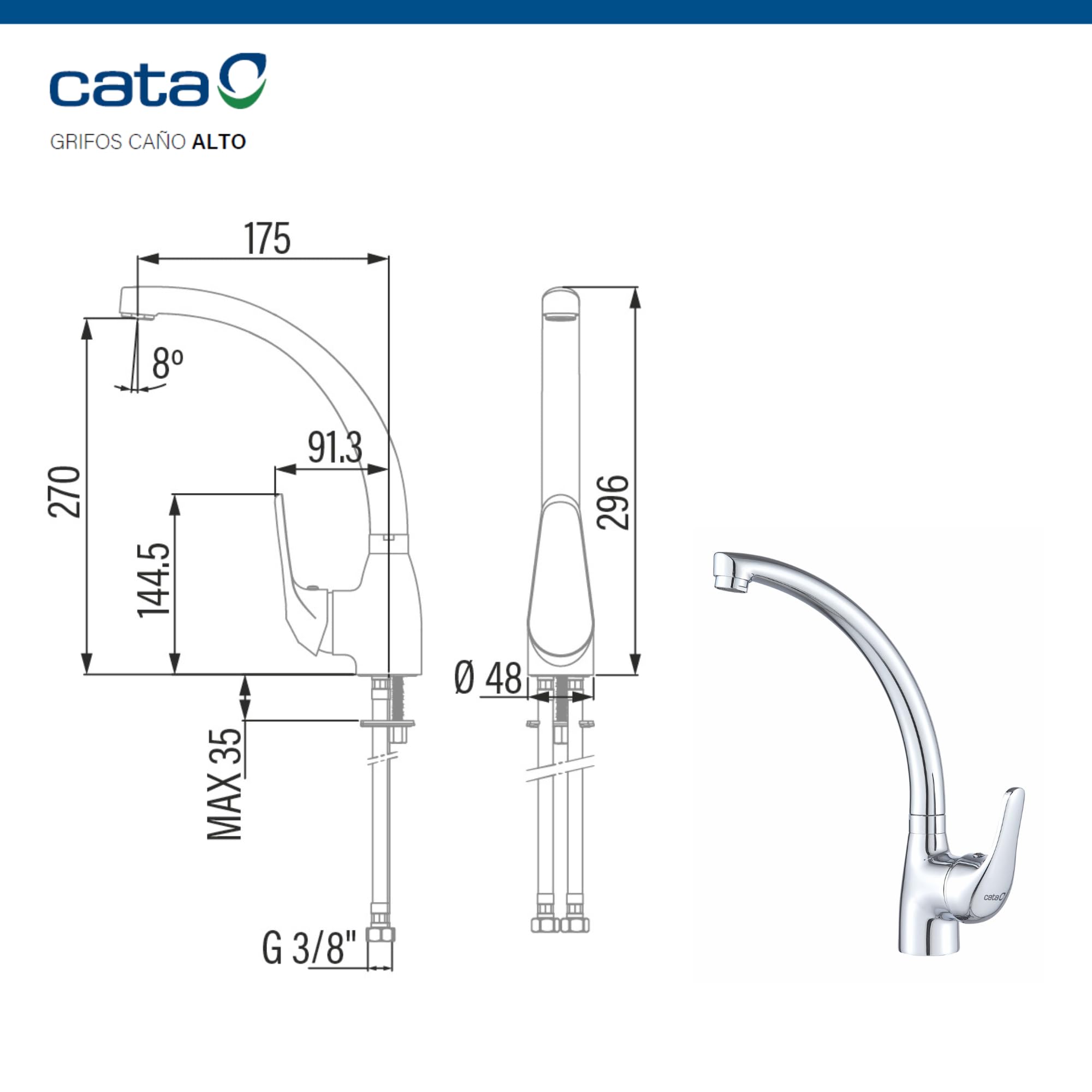 CATA Grifo De Cocina CBA CROMO/E Monomando Caño Alto Giratorio 360º Acero Inoxidable Aireador Anticalcáreo Cartucho Cerámico Apertura En Frío Reductor Caudal 5L Conexión Flexible Acabado Inox