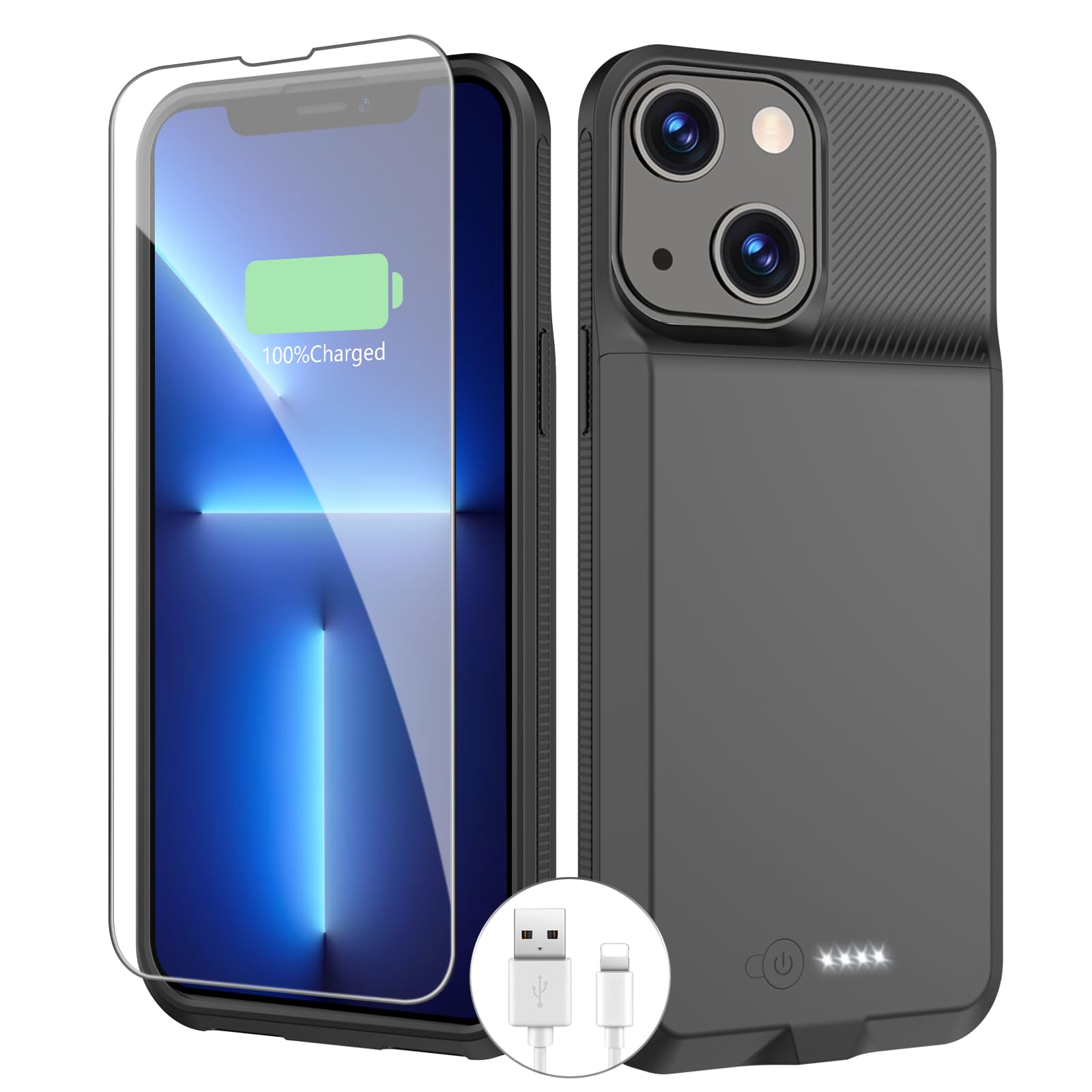 BOPPS Funda de batería para iPhone 13/13 Pro/14/14 Pro, 7000 mAh, funda de cargador portátil recargable, protección antideslizante de TPU suave para iPhone 13, 13 Pro, color negro
