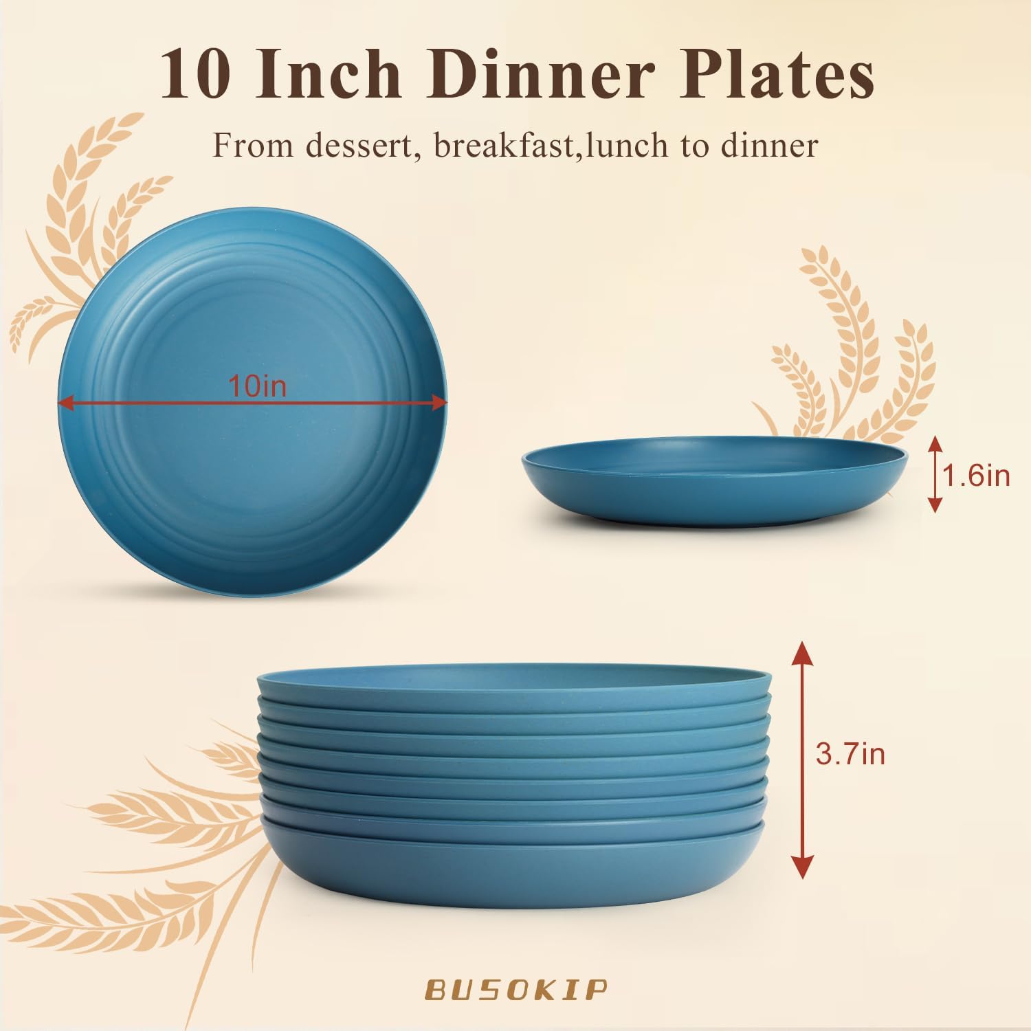 Deep Dinner Plates 10 Inch, Plastic Plates Reusable, Unbreakable Wheat Straw Plates Set of 8, Microwave and Dishwasher Safe Serving Plate for Main Course - Blue