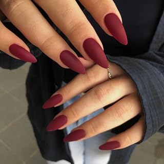 KQueenest Matte Wine Red Press on Nails Medium Almond, Pure Color Stiletto Acrylic Nails Press on, Medium Fake Nails for Women Winter Wear, Natural Glue Nails Manicure in 24 Pcs