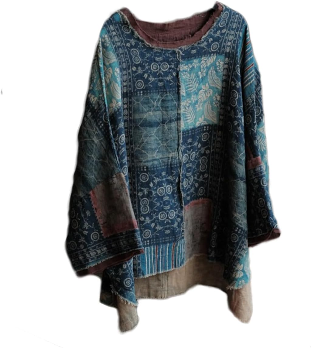 NFYM Women Hippie Clothes Distressed Hem Round Neck Flower Printed Pullover Tee Tops Vintage Blouse