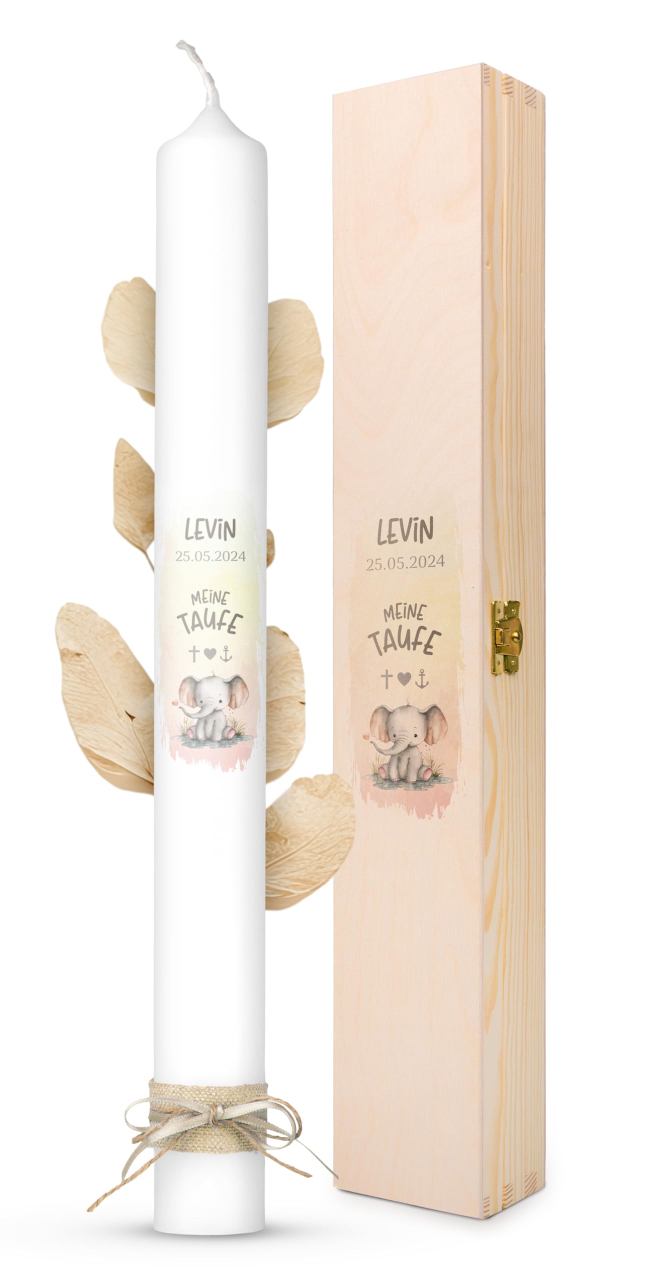 AMARI ® Taufkerz personalisiert Elefant Herz (002.10.06) H:40cm/⌀:4cm - Taufkerze für Mädchen/Jungen - Gestalte deine Kerze - Mach deine Taufe besonder