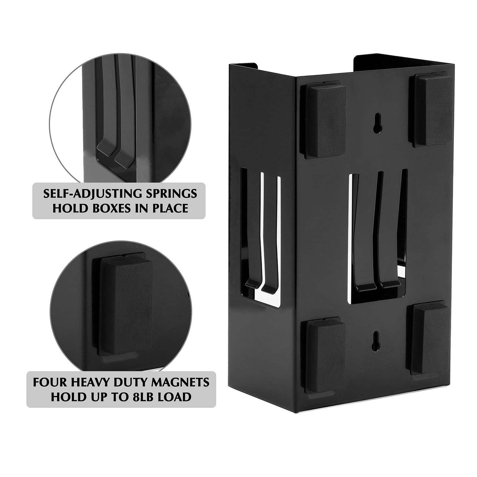 EMENTOL Juego de 4 soportes magnéticos para dispensador de guantes/pañuelos, soporte de pared para dispensador de guantes negro, montaje en caja de herramientas o en talleres