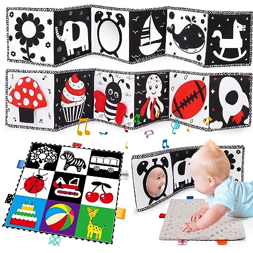 Image of 2 PCS Black and White High Contrast Baby Toys 0-6 Months Soft Crinkle Book for Early Education Montessori Sensory Toys for Newborn Brain Development Tummy Time Mirror Infant Toys 6-12 Months Gifts