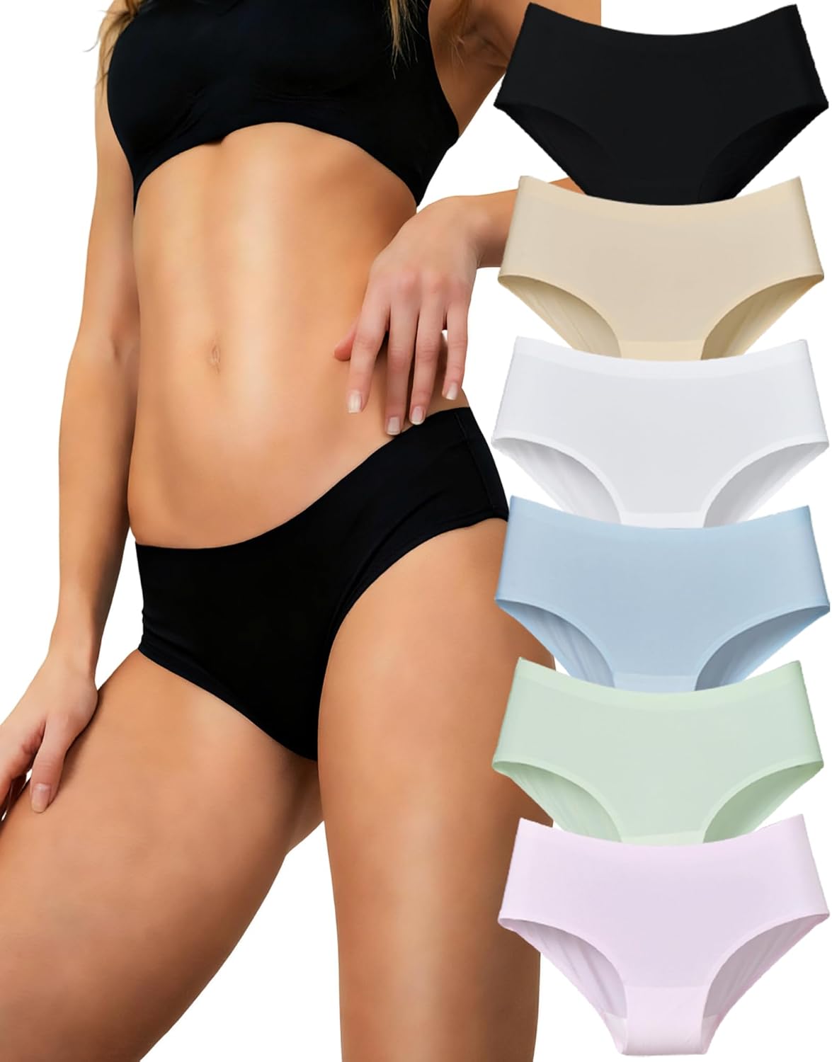 JINGRULIU 6 Pack Womens Underwear Seamless Hipster Panties Full Coverage No Show Underwear Invisible Briefs