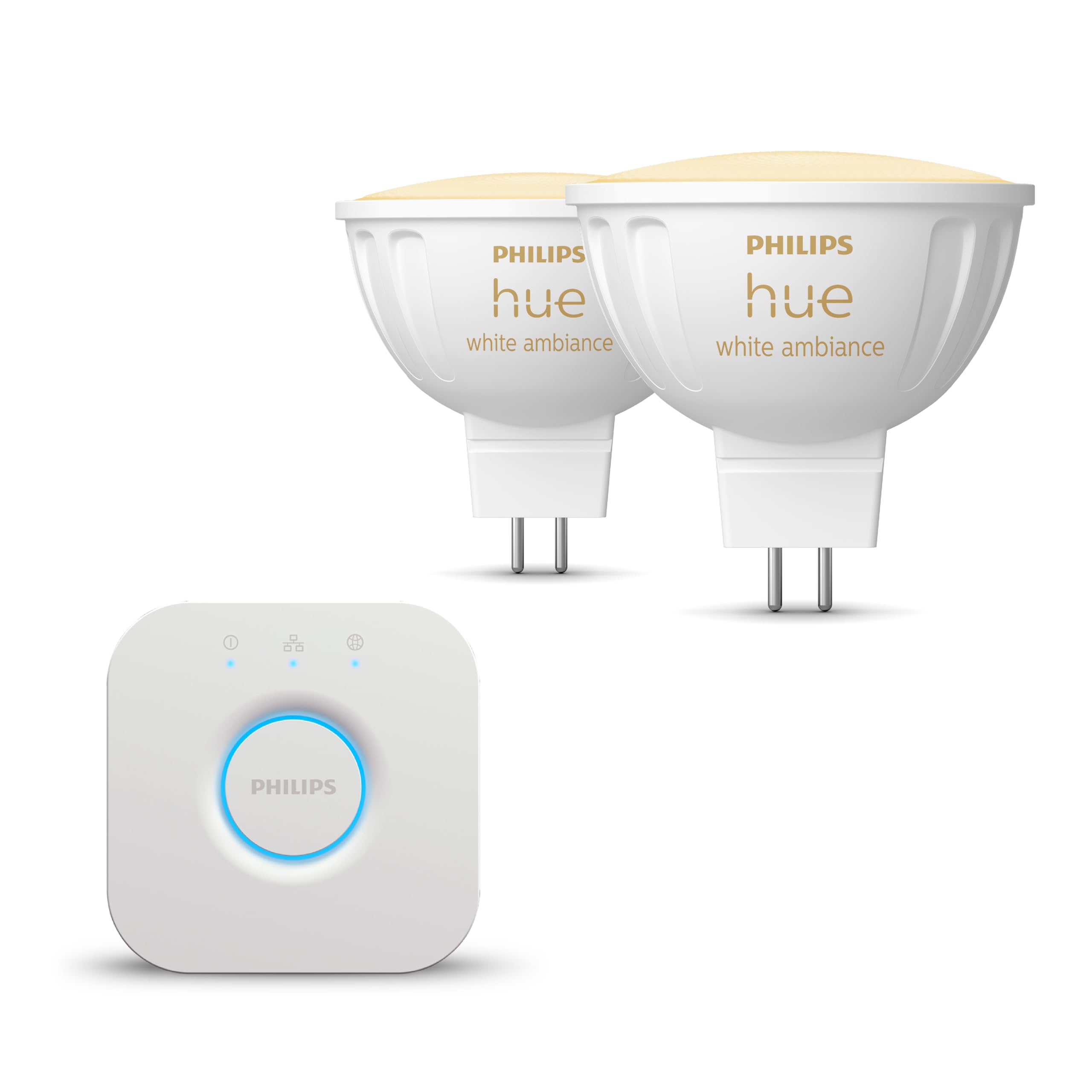 Philips Hue Starter Pack - GU5.3-2 Bombillas LED para focos (MR16) - 12V - Luz blanca cálida a fría - incl. Hue Bridge - Hue White Ambiance