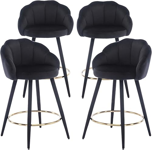 Juego de 4 taburetes de terciopelo modernos de 25.5 pulgadas de altura de mostrador con respaldo de pétalos y reposapiés de anillo de metal dorado,
