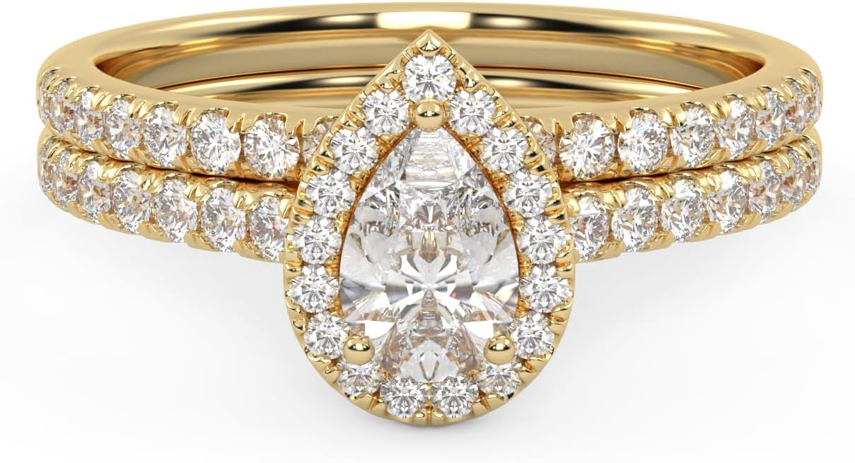 SAVEARTH DIAMONDS Teardrop Halo Bridal Ring Set for Women Center 6X4mm Pear Cut Lab Created Moissanite Engagement Wedding Ring in 10K / 14K Solid Gold OR 925 Sterling Silver