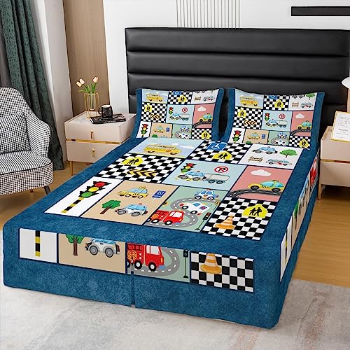 Cartoon Cars Kids Bed Skirt Twin Size,School Bus Fire Fighting Truck Cute Bedskirt,Girls Boys Adults Room Decor,Geometric Plaids Patchwork Bed Wrap Bedding,Colorful Fitted Sheet,1 Pillowcase
