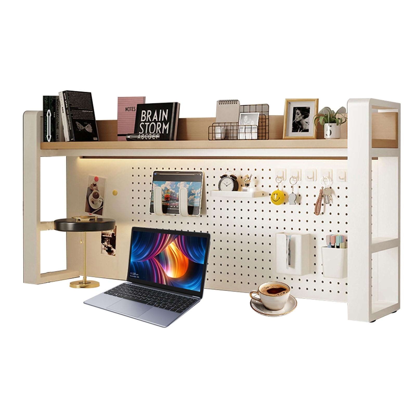 Scaffale modulare a 2 ripiani da 95 cm di lunghezza, montaggio a parete, per ufficio e gioco, design Slish White & Wood con 21 accessori per Worpace