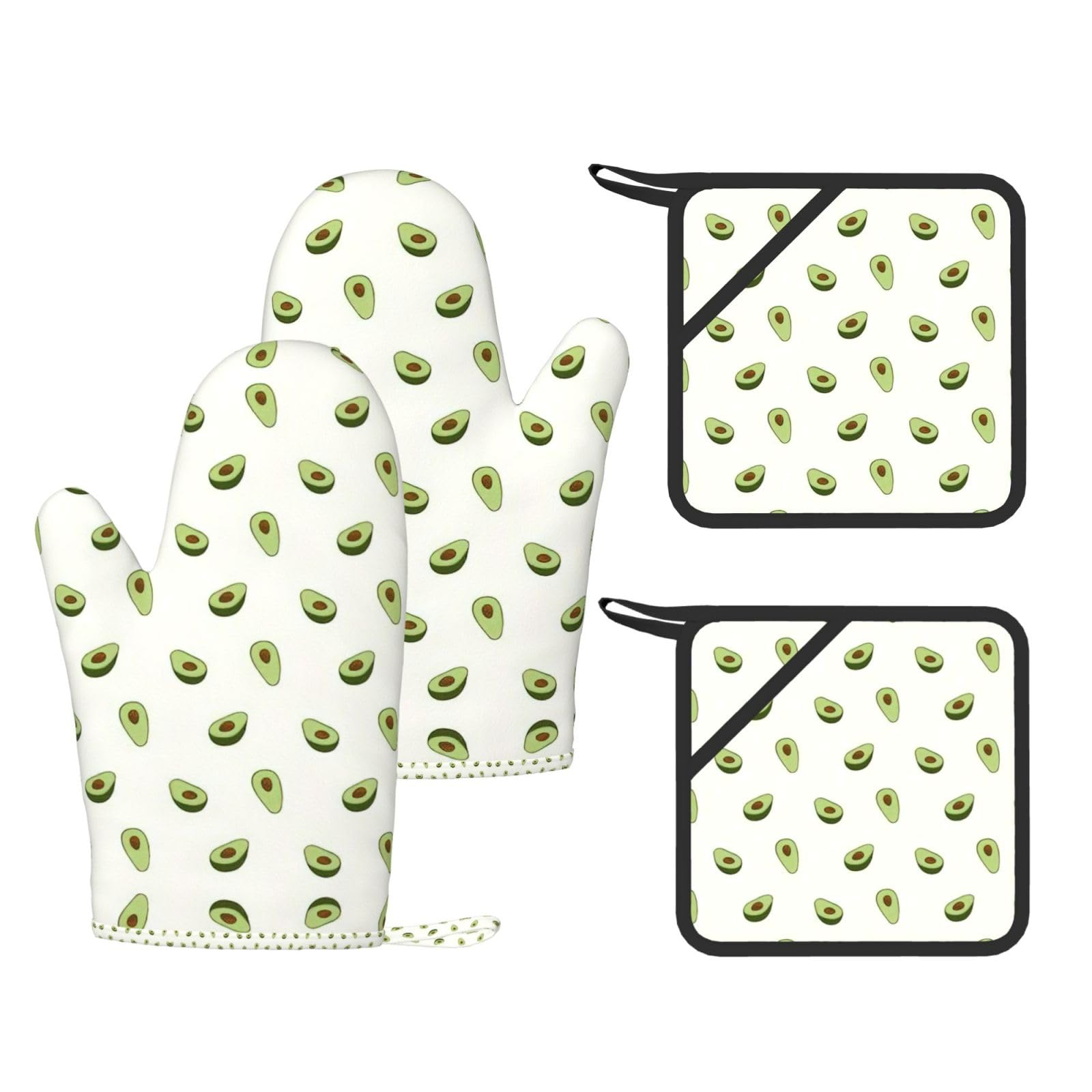 Avocado Printed Pot Holders and Oven Mitts 4-Piece, Non-Slip Kitchen Gloves with Utensil Pocket for BBQ