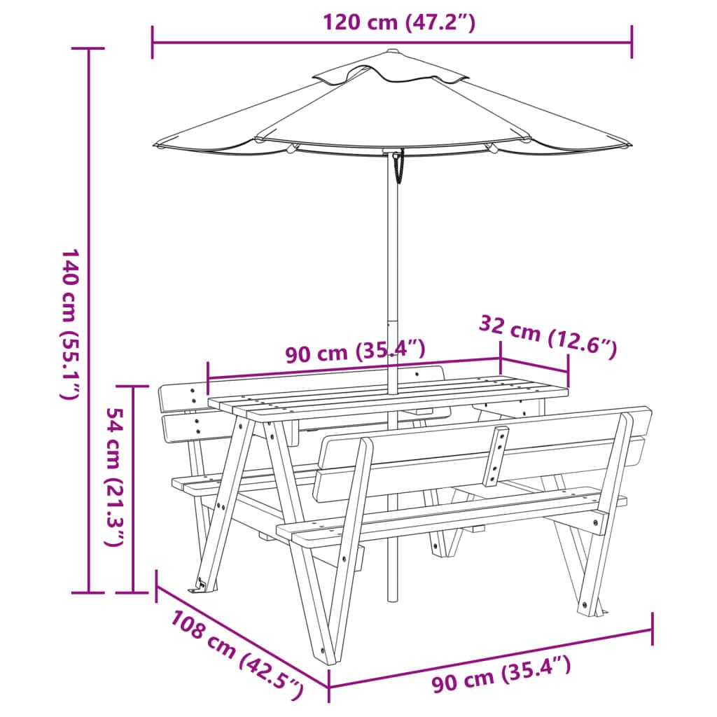 Tavolo da picnic per 4 bambini in legno di abete massiccio con ombrellone, resistente alle intemperie e stabile, ideale per giardino, terrazza, balcone, campeggio e feste, facile da pulire