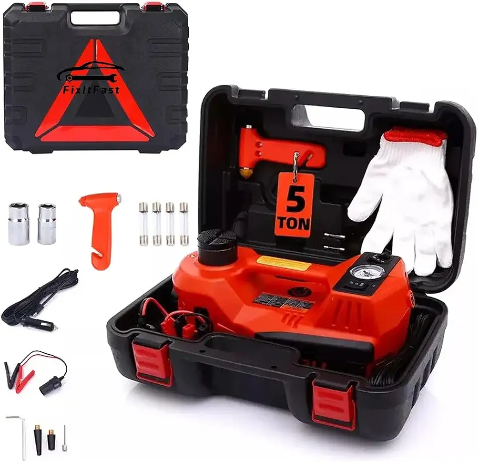 FINYQBET Macaco Hidráulico Elétrico 12V 5 Toneladas - Kit Portátil com Bomba de Ar 150PSI, Iluminação LED - Para Carros SUV/Sedan e Emergência, Faixa de Elevação de 15 a 45 cm