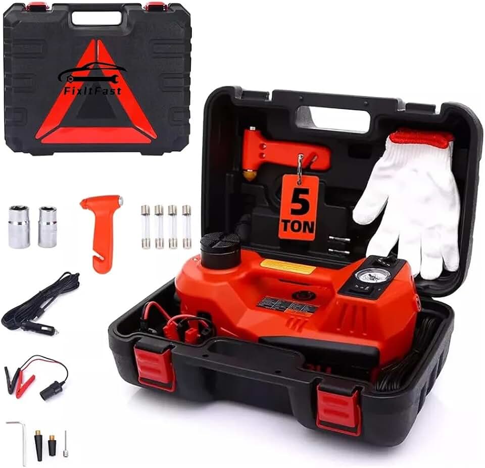 FINYQBET Macaco Hidráulico Elétrico 12V 5 Toneladas - Kit Portátil com Bomba de Ar 150PSI, Iluminação LED - Para Carros SUV/Sedan e Emergência, Faixa de Elevação de 15 a 45 cm