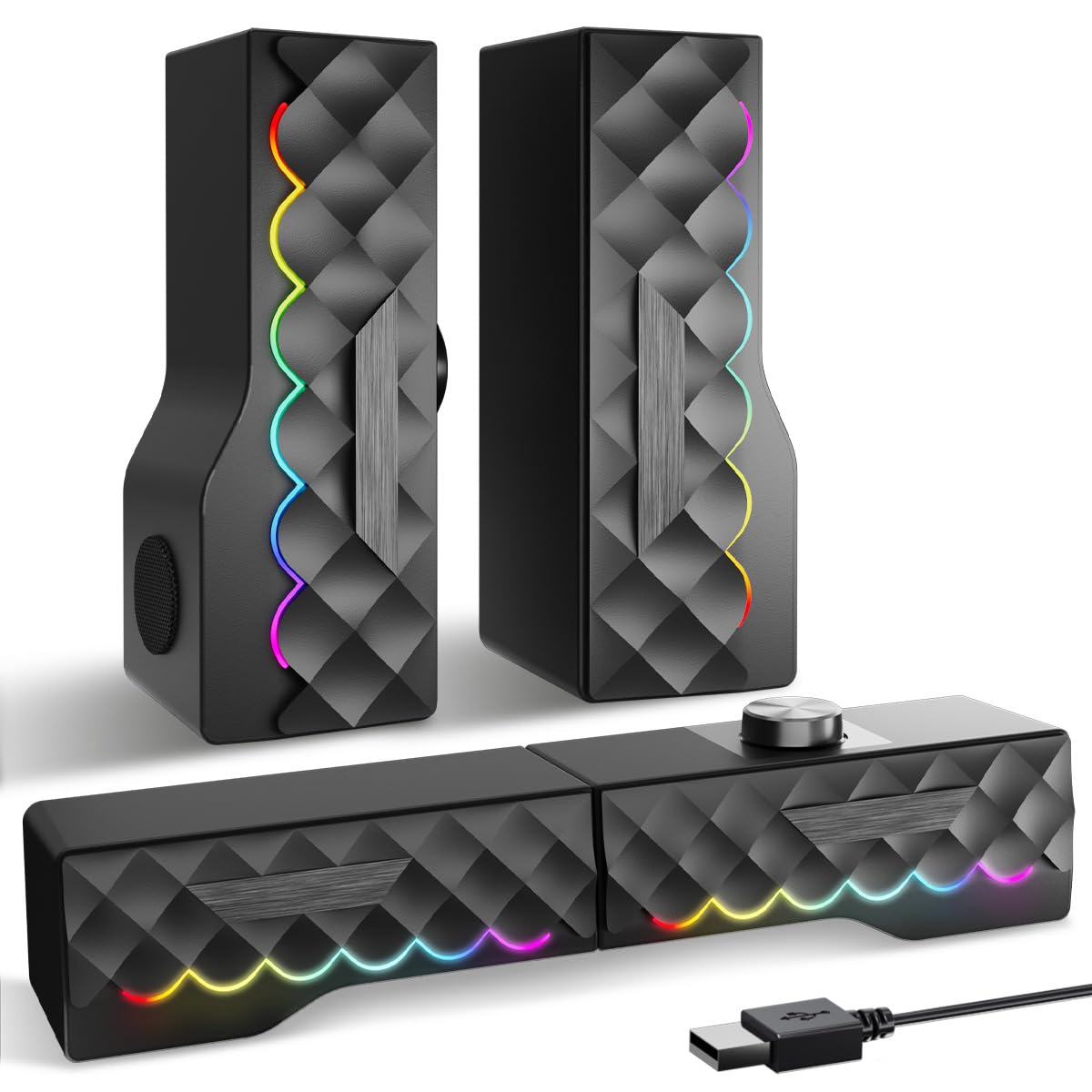 Haut-parleurs pour PC stéréo - Haut-parleur amovible avec LED RVB pour jeux dynamiques et frais - Soundbar avec câble USB pour tablette, téléphone portable, ordinateur portable, MP3/MP4