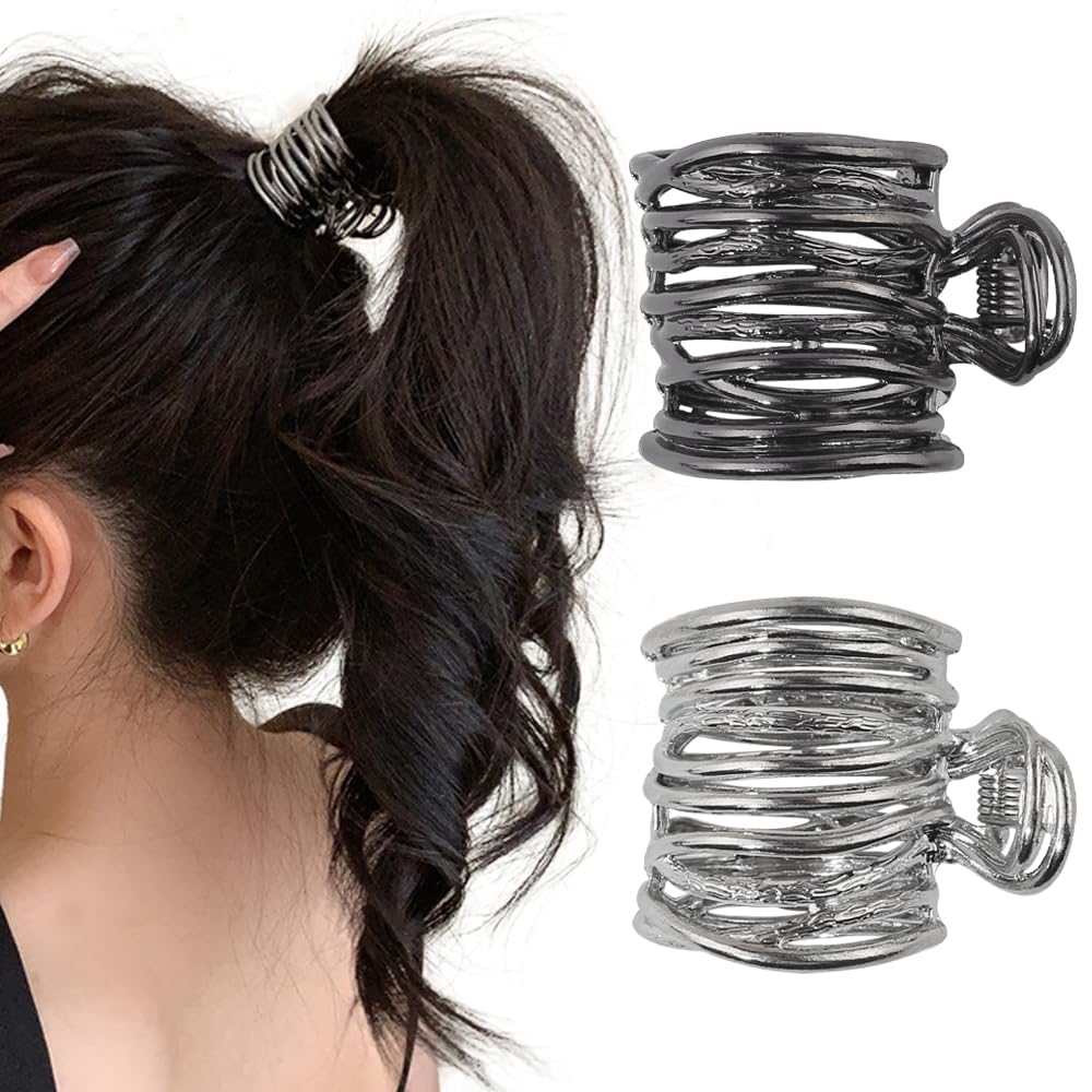 Azonee Metal Hair Clips, Metal Ponytail Hair Clips, 2 Pcs Black & Silver High Ponytail Clips for Women, Non-Slip Small Claw Clips, Small Hair Barrettes Accessories for Thick Long Hair