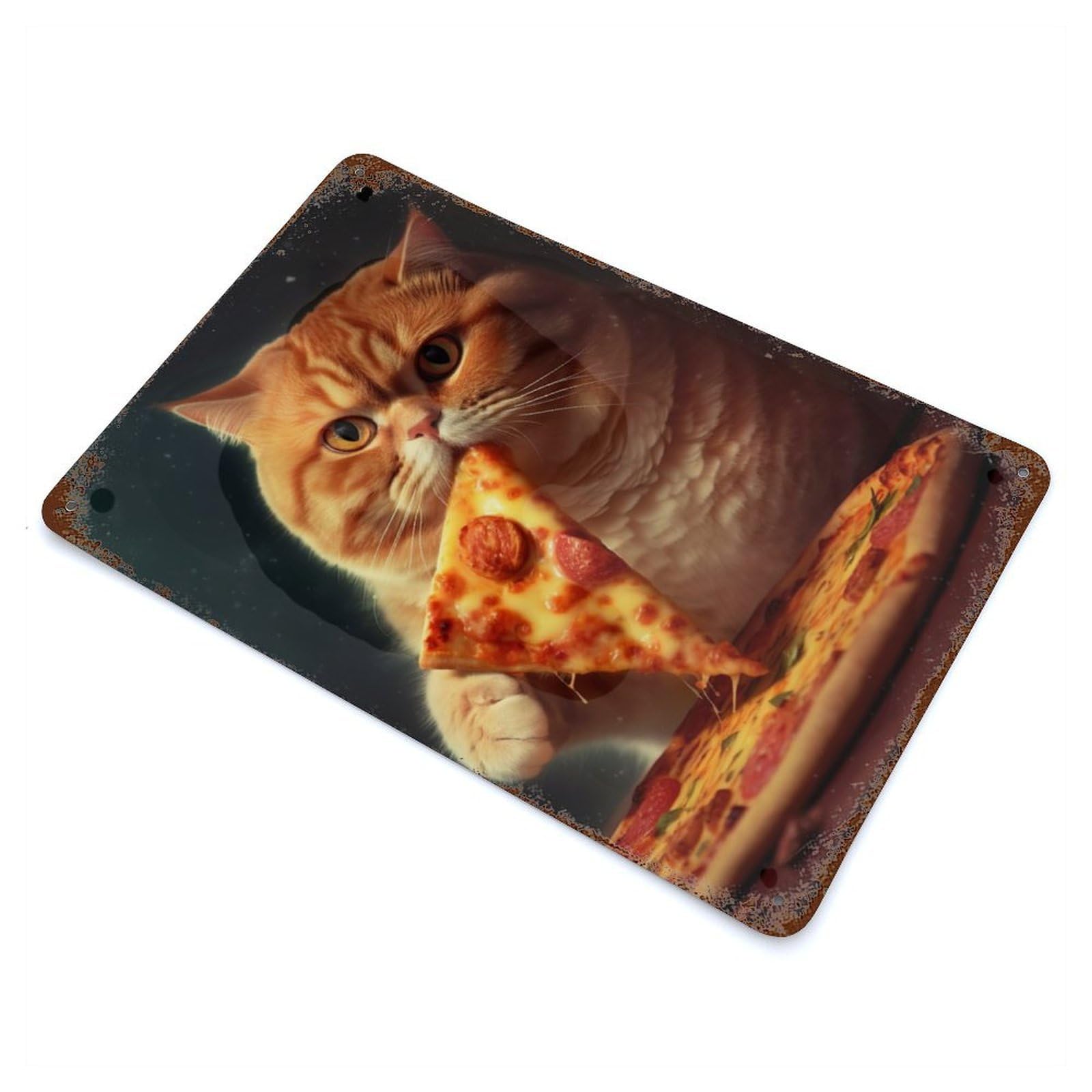 Pizza Eating Cat Rusty Metal Tin Sign 11.8"x7.9", for Living Room, Hallway And Home Decor, Old School Wall Decor