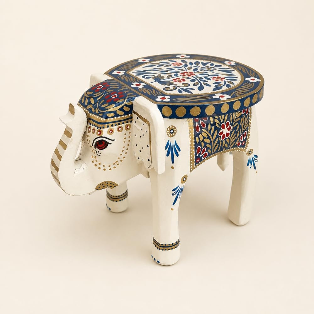 White Colourful Handpainted Wooden Elephant Stool Cum Showpiece | Mango Wood Traditional Multipurpose Stool for Living Room Decor & Mandir | Perfect for Plant Stand | 8x8x10 inch-image-35